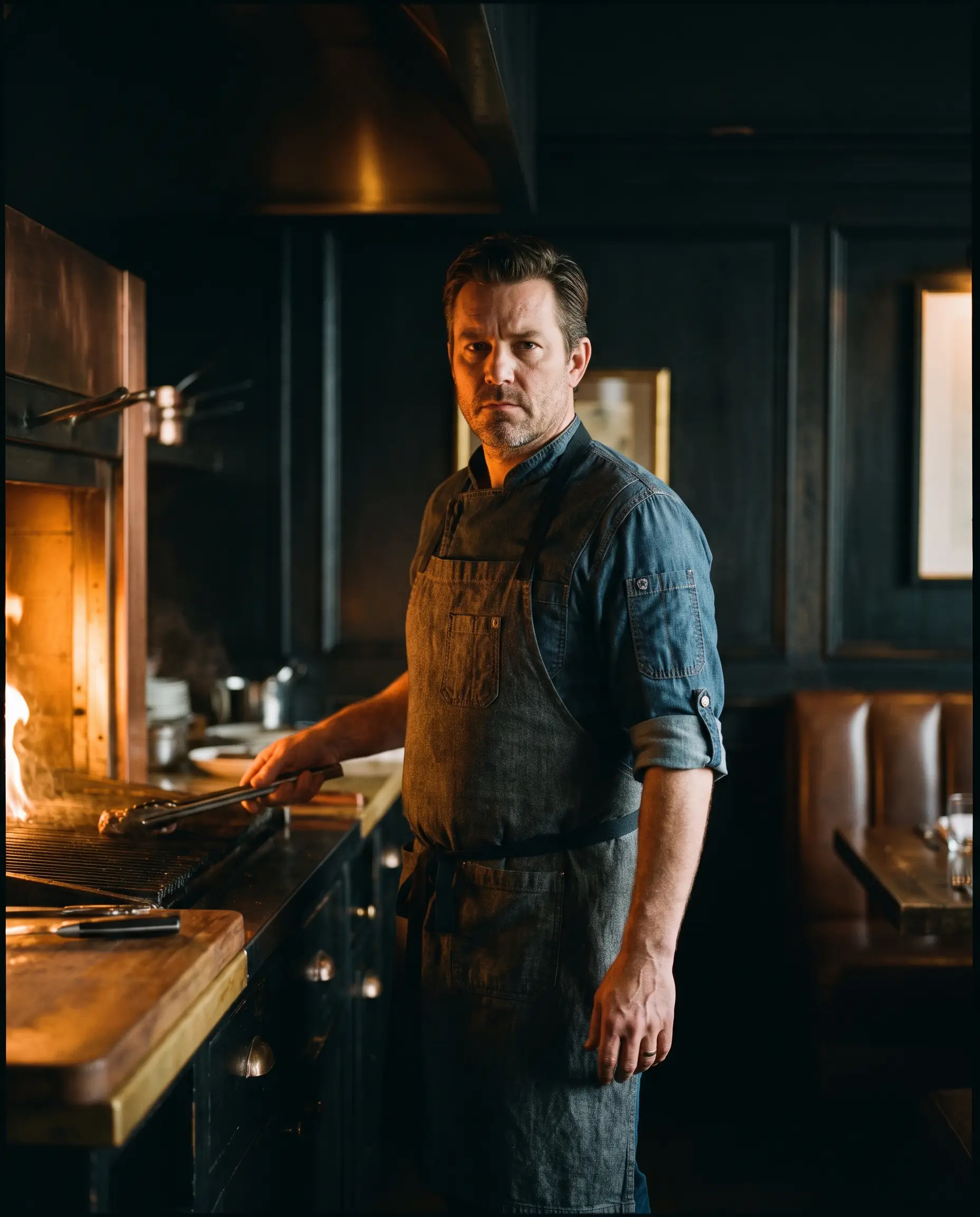 Chef August Wren by the open fire