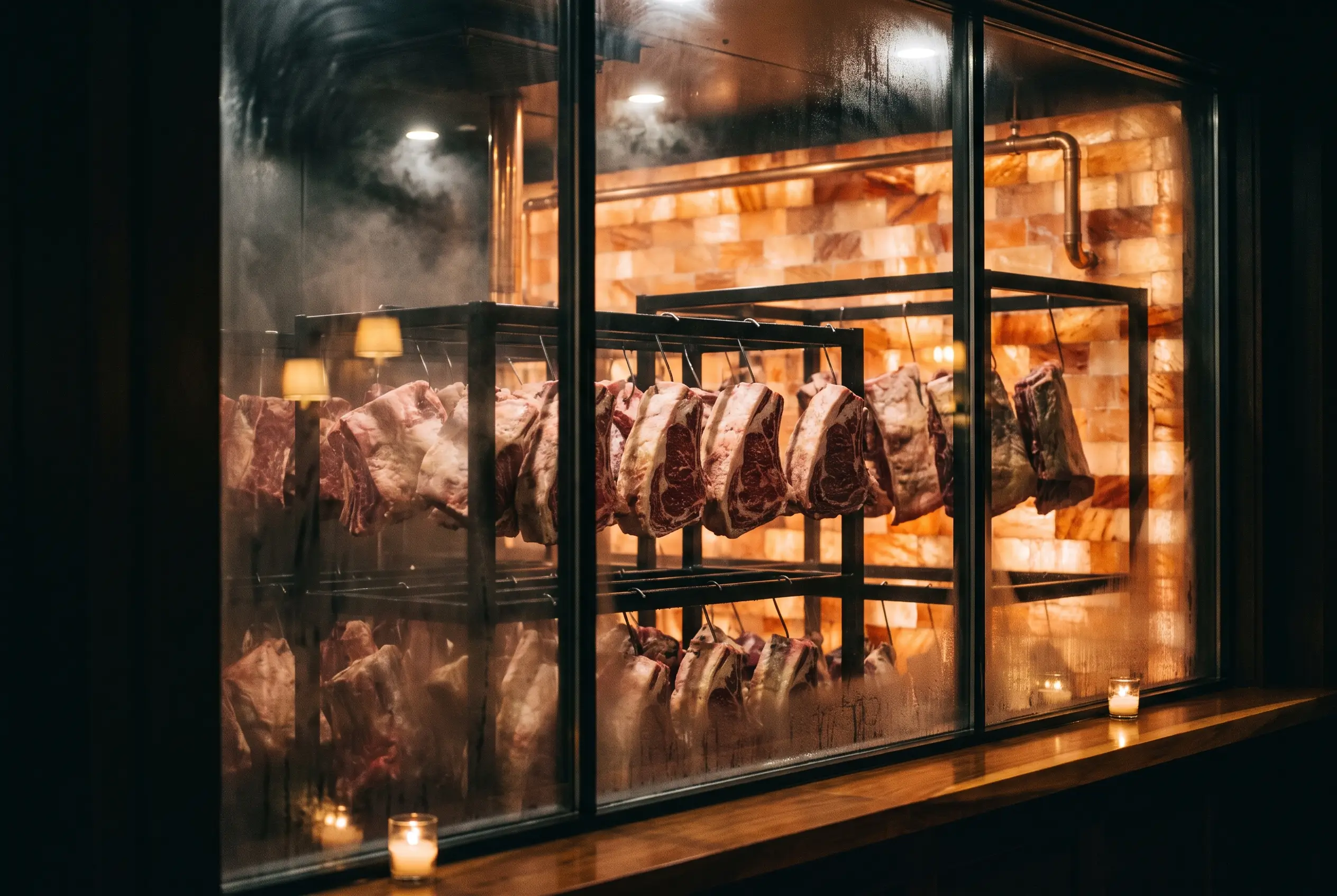 The in-house Himalayan-salt dry-aging room, beef aging on racks