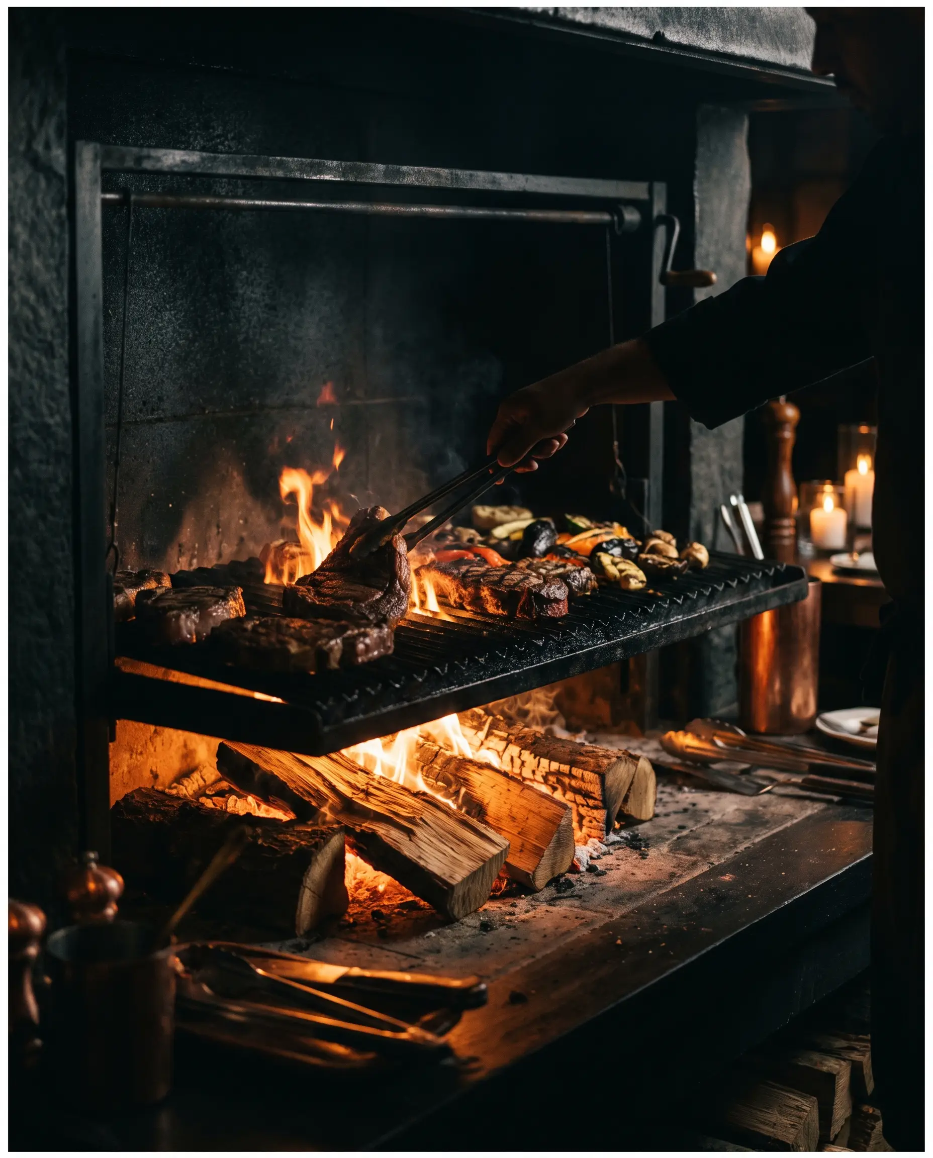 Steaks charring over the open white-oak hearth