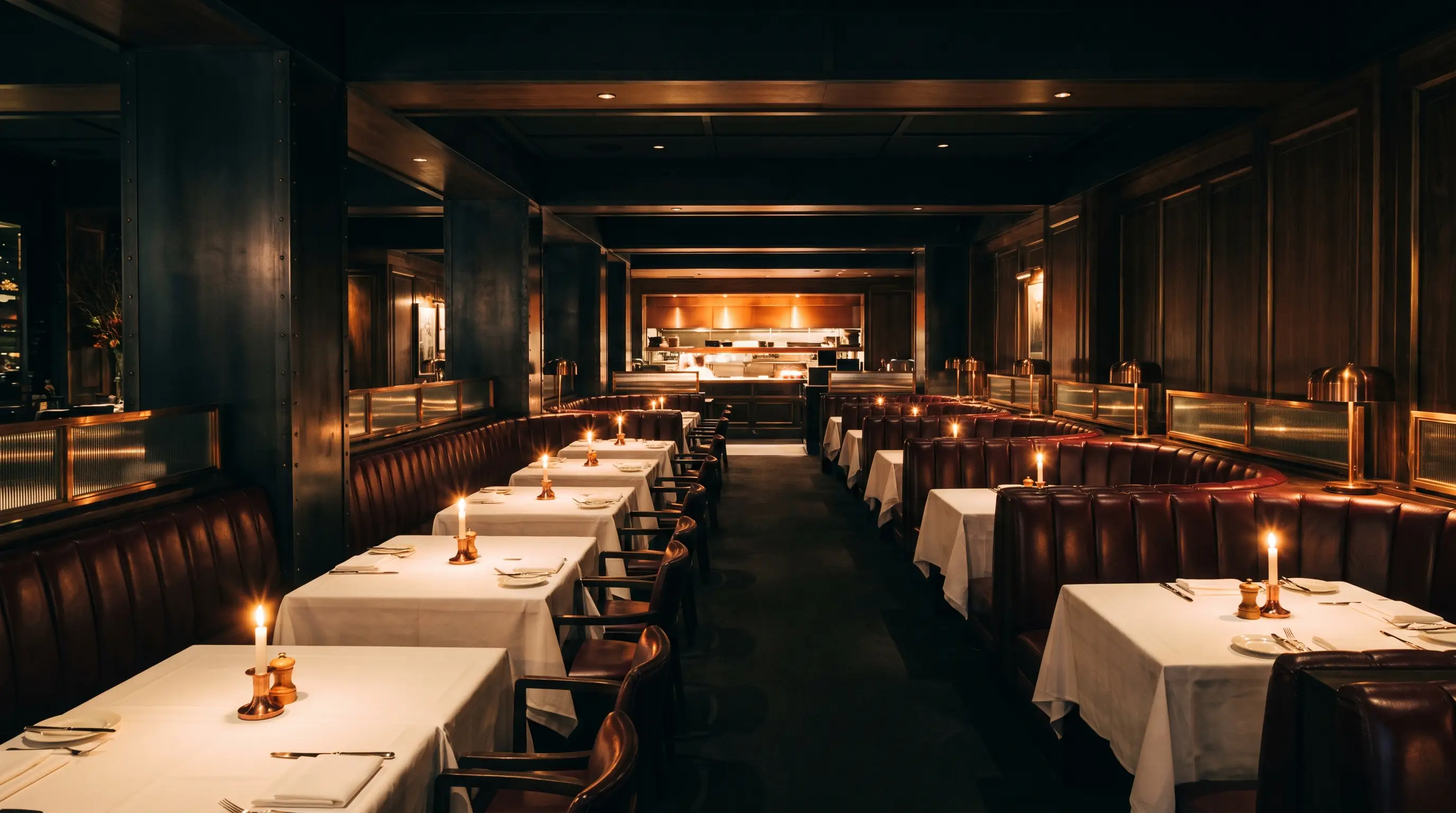 The low-lit dining room with oxblood leather booths and candlelight