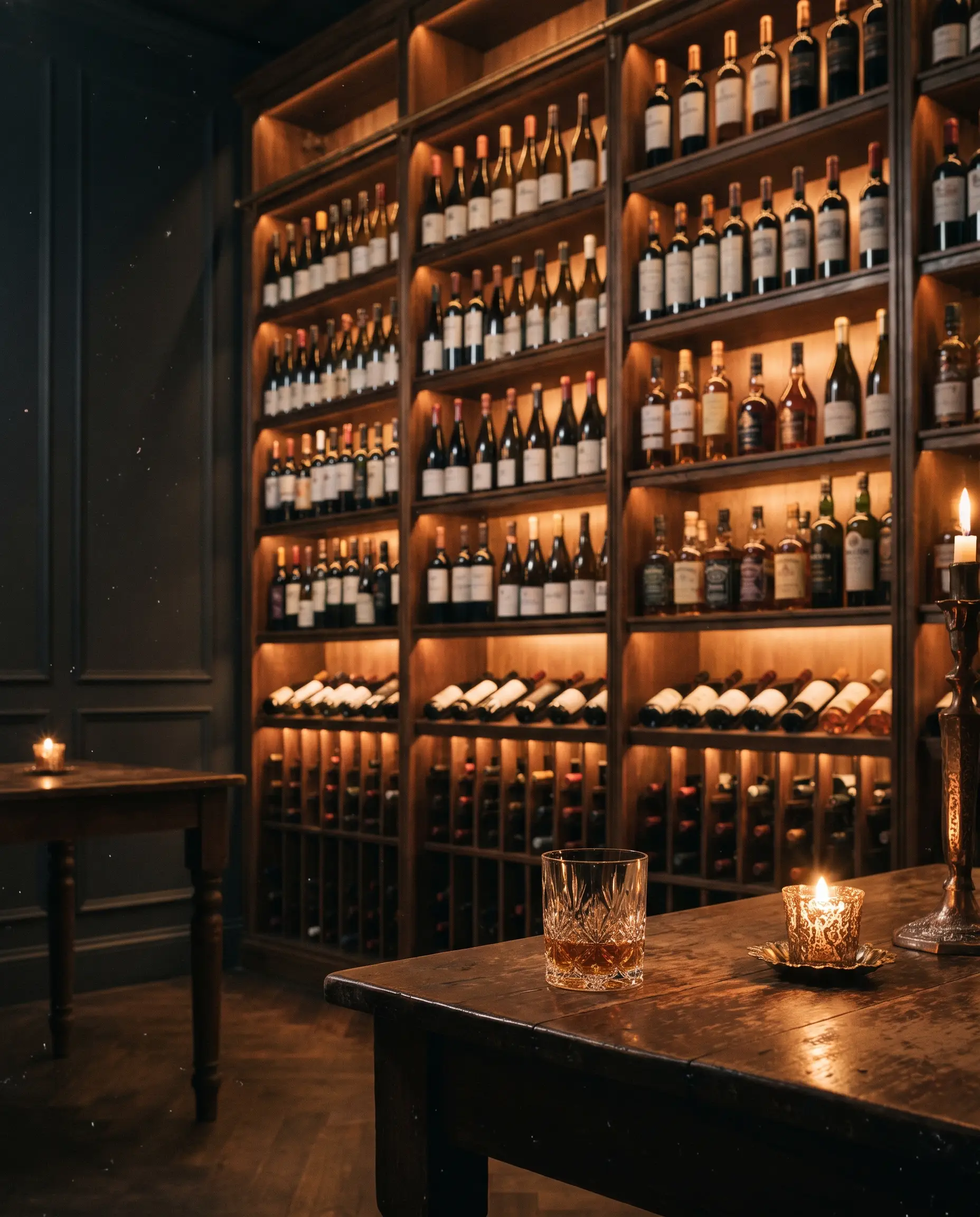 Backlit shelves of the whiskey and wine cellar with a poured glass
