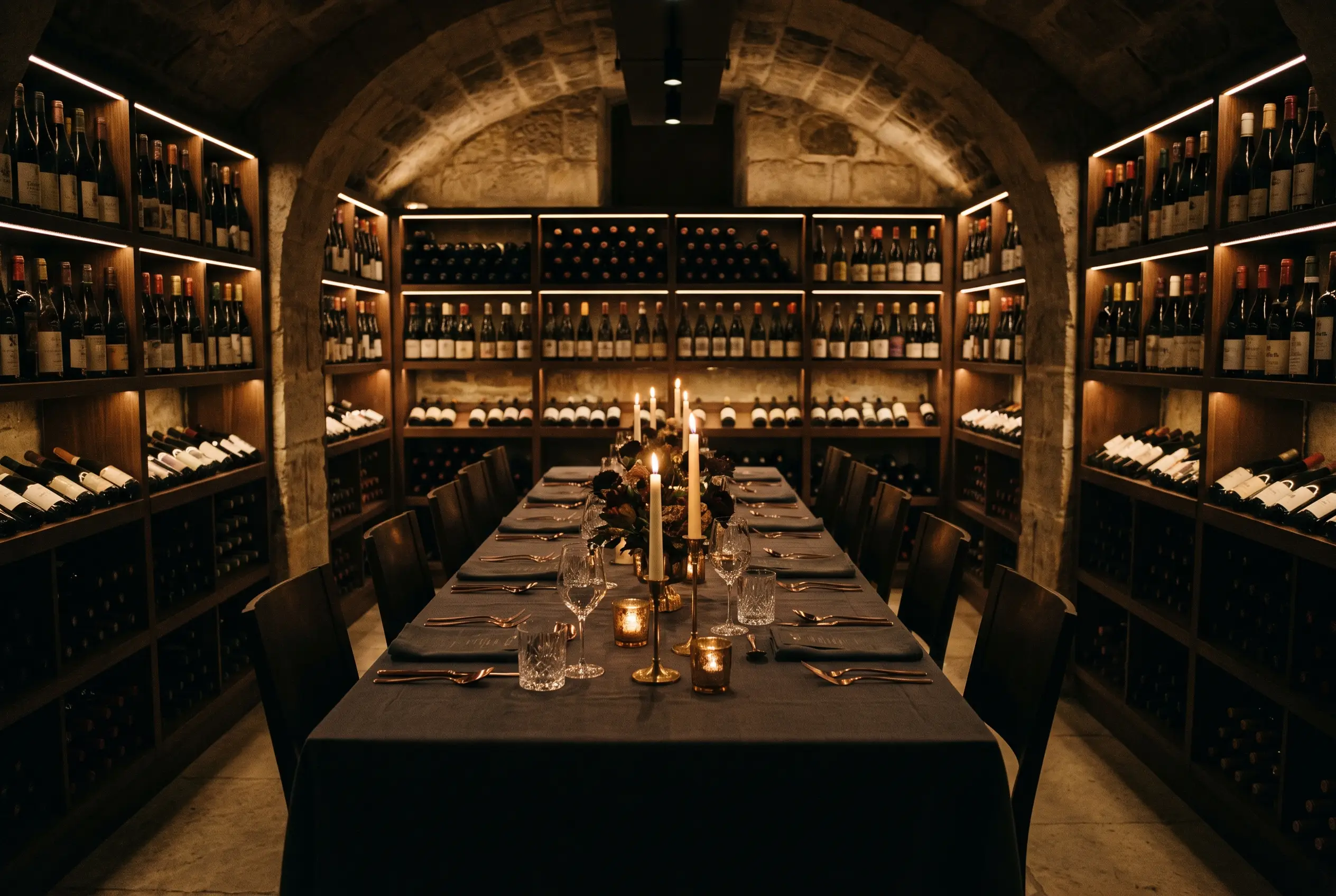 The Cellar private room, walled in wine and set for twelve