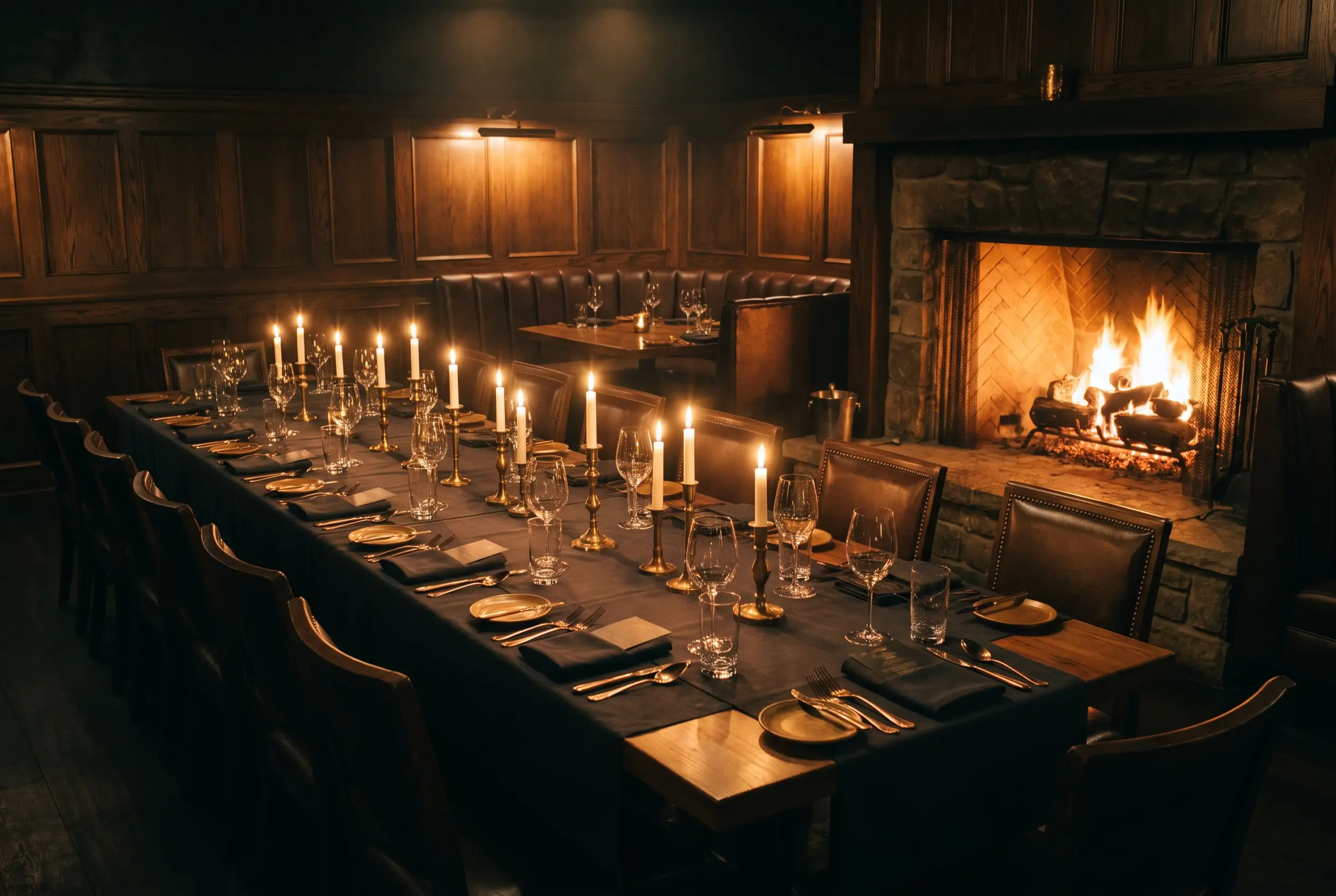 The Hearth Room private room beside the open fire, set for twenty-four